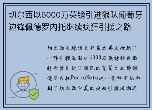 切尔西以6000万英镑引进狼队葡萄牙边锋佩德罗内托继续疯狂引援之路 切尔西以6000万英镑引进狼队葡萄牙边锋佩德罗内托继续疯狂引援之路