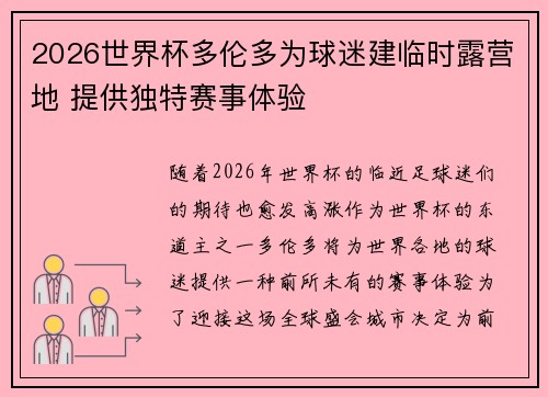 2026世界杯多伦多为球迷建临时露营地 提供独特赛事体验